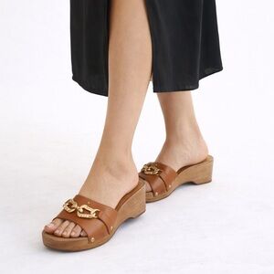 Tory Burch Leather Slide Sandals Horsebit Detail Wooden Sole Spring Summer sz 10